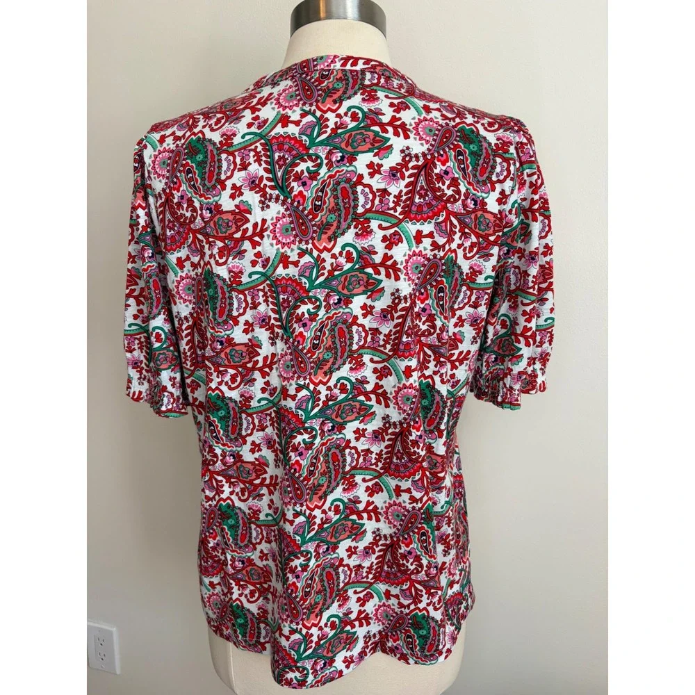 Boden Red Green Paisley Floral Cotton Tencel Modal Button Down Shirt 10 Boho